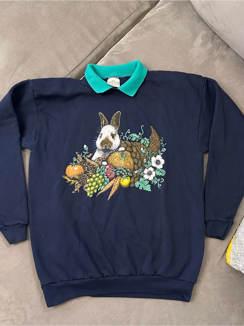 Cotton Grove Thanksgiving Fall Bunny Sweatshirt Large Navy Vintage Cabincore